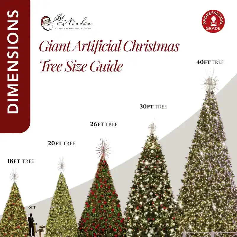 Giant Artificial Christmas Tree Size Guide with tree dimensions and professional grade label.