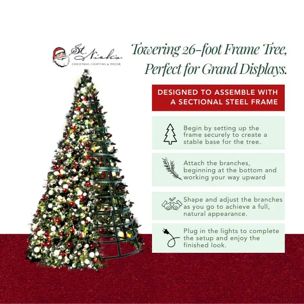 26FT Giant tree Warm/Cool White 5MM Every 10th bulb with a Cool Strobe and Red/White/Silver Ornaments 