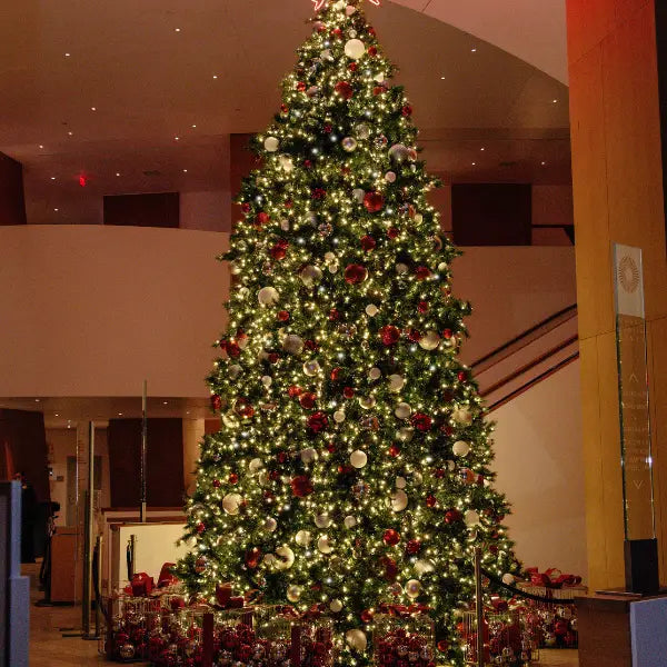 Indoor 26FT Giant Xmas Tree predecorated lights and red-white-silver Ornaments 