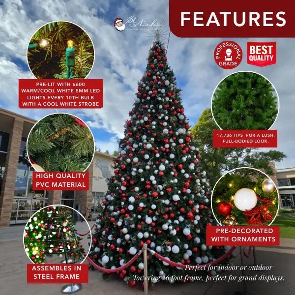 26FT Giant Warm/Cool White 5MM Every 10th bulb with a Cool Strobe and Red/White/Silver Ornaments - Frame Trees