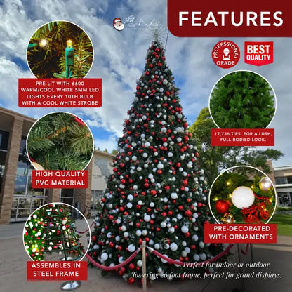 26FT Giant Warm/Cool White 5MM Every 10th bulb with a Cool Strobe and Red/White/Silver Ornaments - Frame Trees