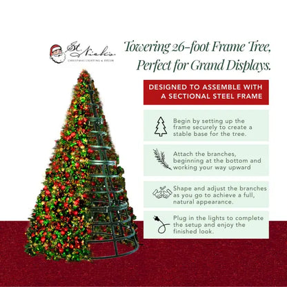 26ft Giant Christmas Tree Warm White 5MM Twinkle and Red-Green-Gold-Ornaments 