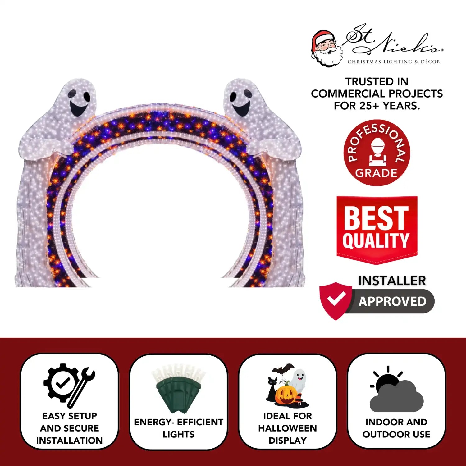 12 ft LED ghost archway walkthrough Halloween light display highlighting professional-grade construction and installer-approved quality