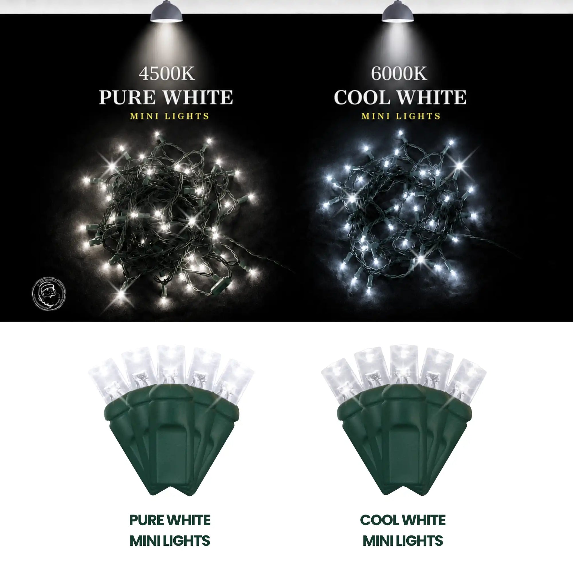 Pure white twinkle 5mm LED mini lights compared with cool white mini lights on green wire with 6-inch spacing