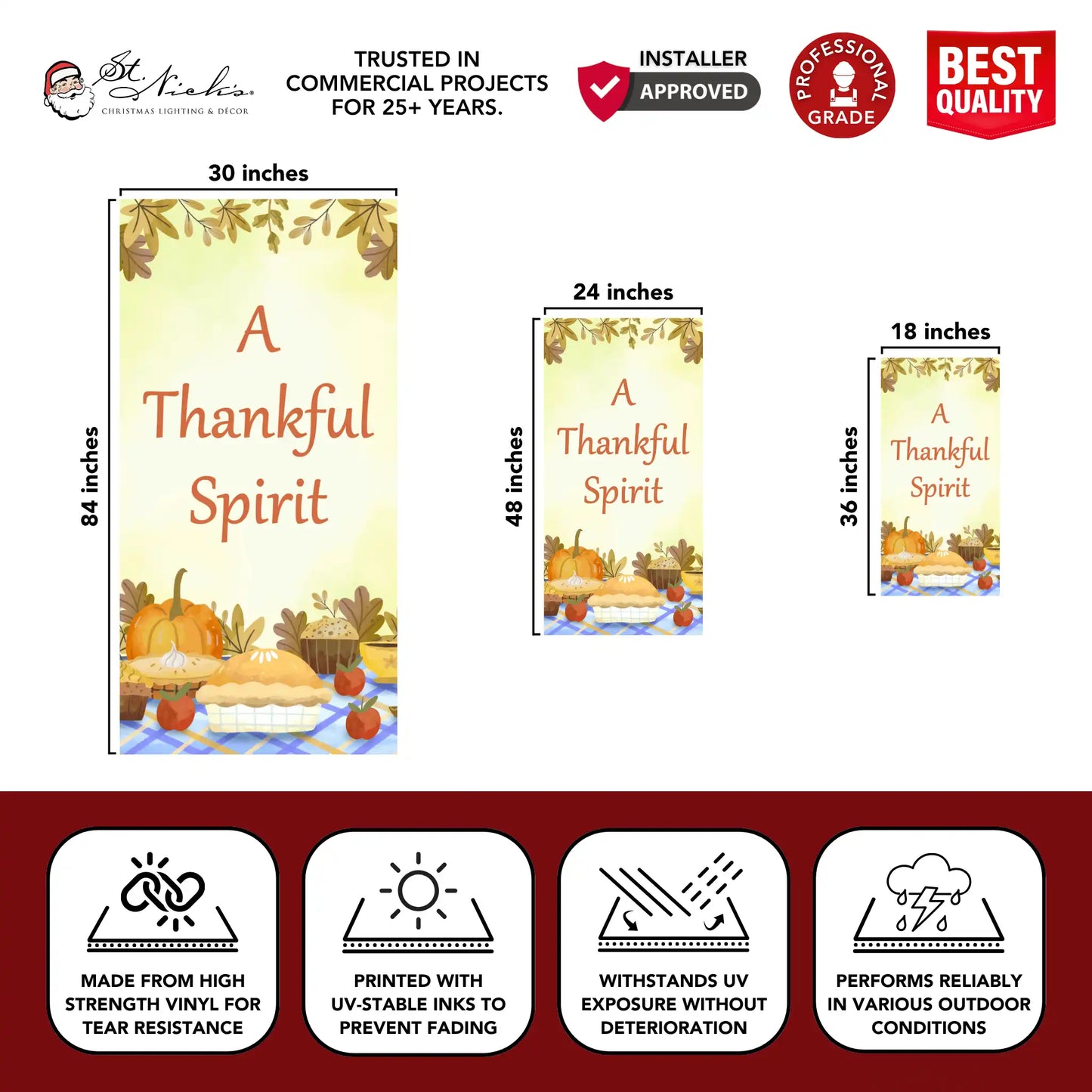 A Thankful Spirit Thanksgiving pole banner with size dimensions and durable vinyl construction