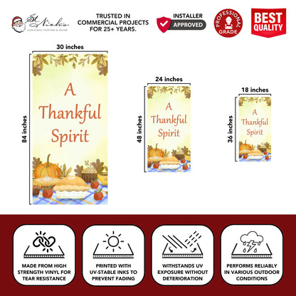 A Thankful Spirit Thanksgiving pole banner with size dimensions and durable vinyl construction