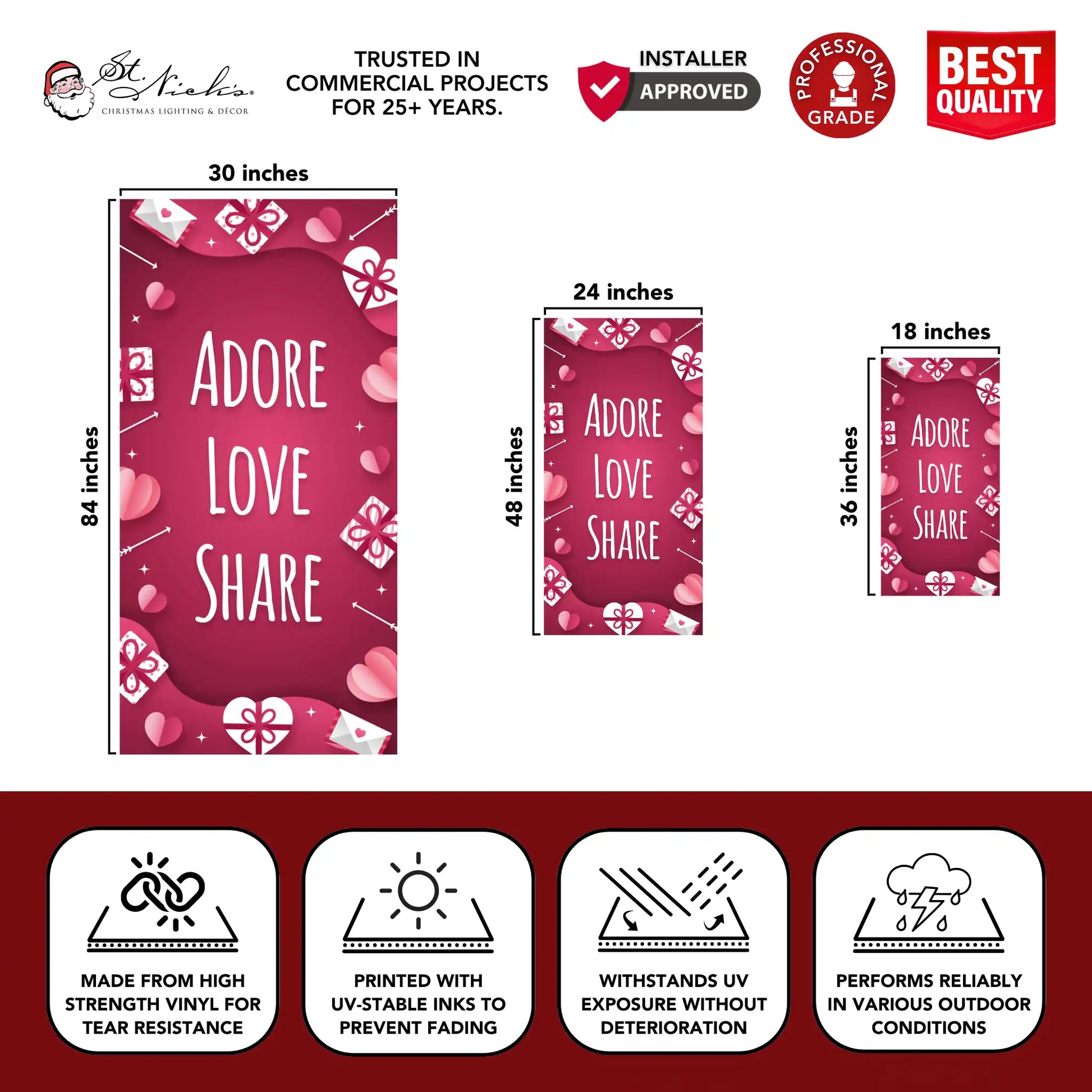 Adore Love Share Valentine pole banner with size dimensions and durable vinyl material