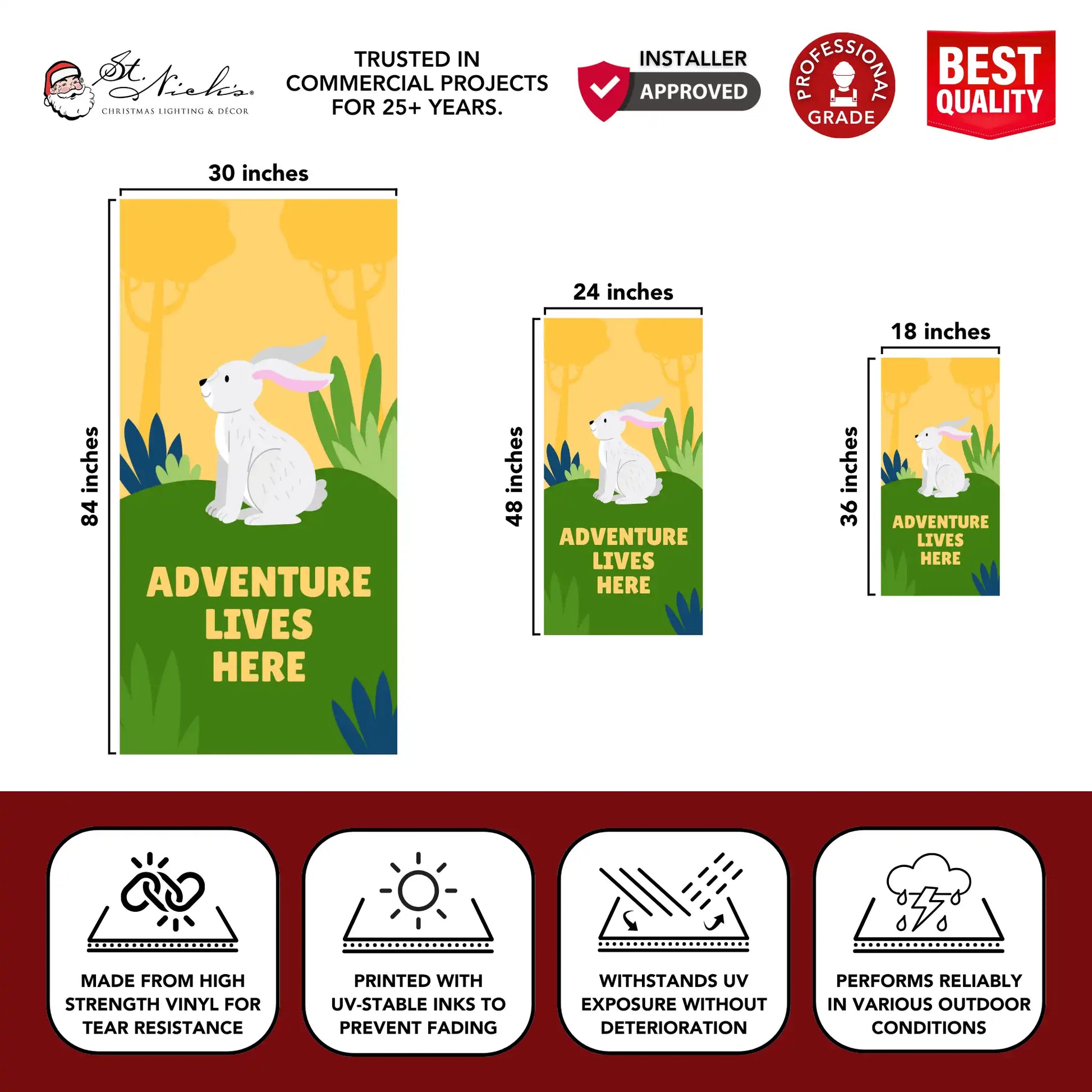 Adventure Lives Here yellow banner size guide highlighting durable UV-resistant vinyl construction