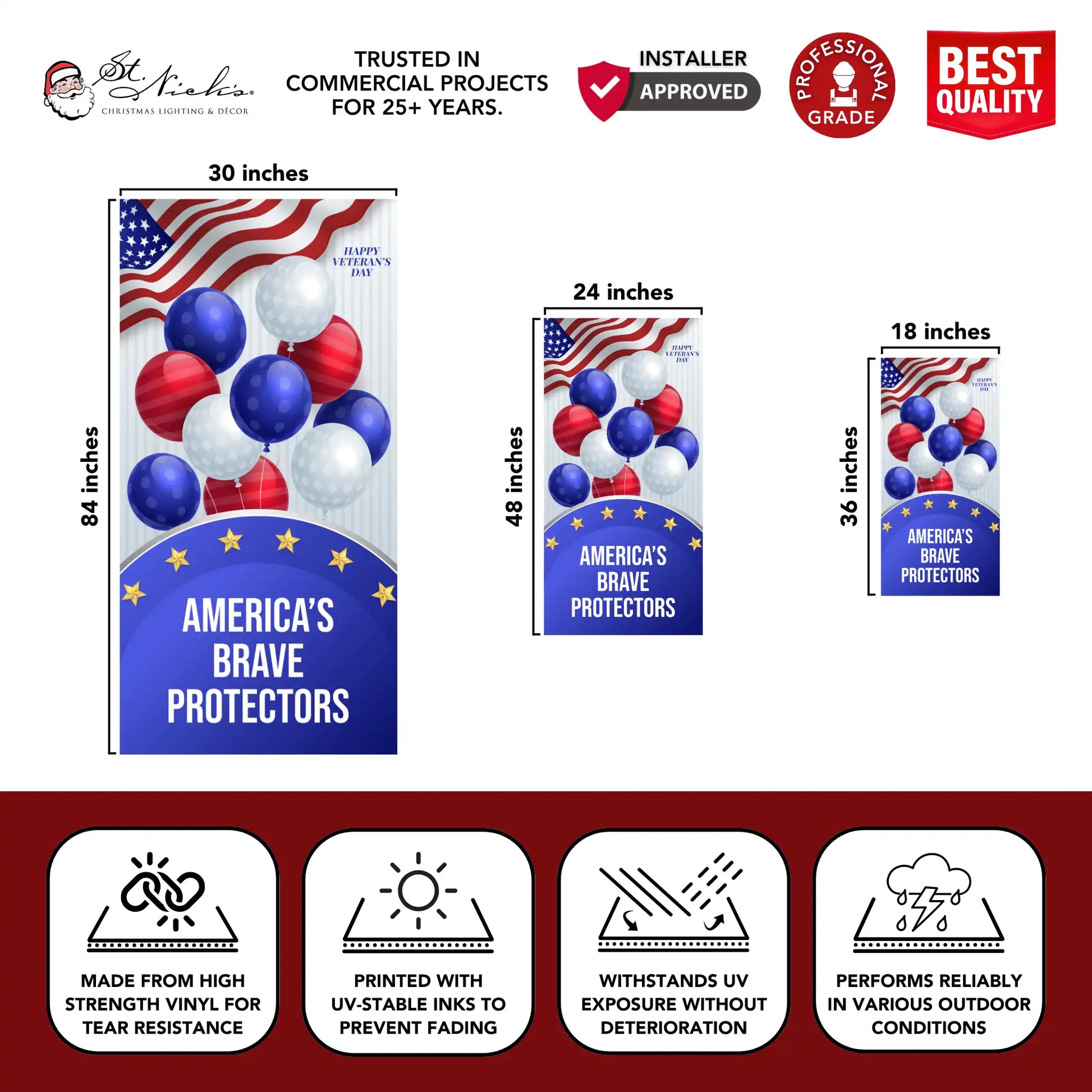 America’s Brave Protectors pole banner dimensions showing durable vinyl and UV-resistant printing