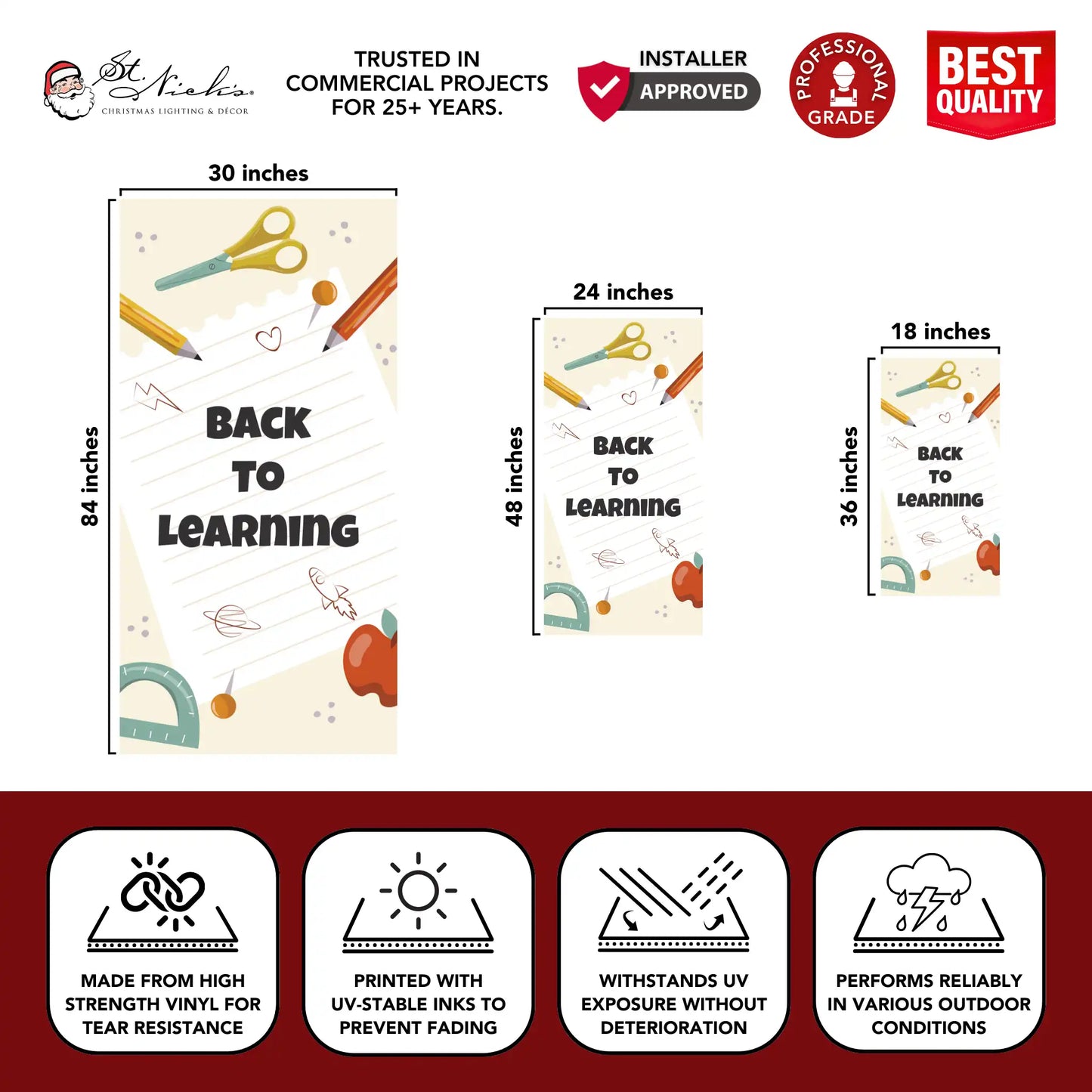 Back to Learning school pole banner with size dimensions and durable vinyl construction