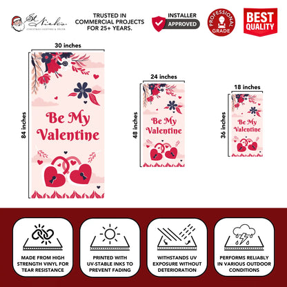 Be My Valentine pink pole banner dimensions showing 18x36, 24x48, and 30x84 sizes