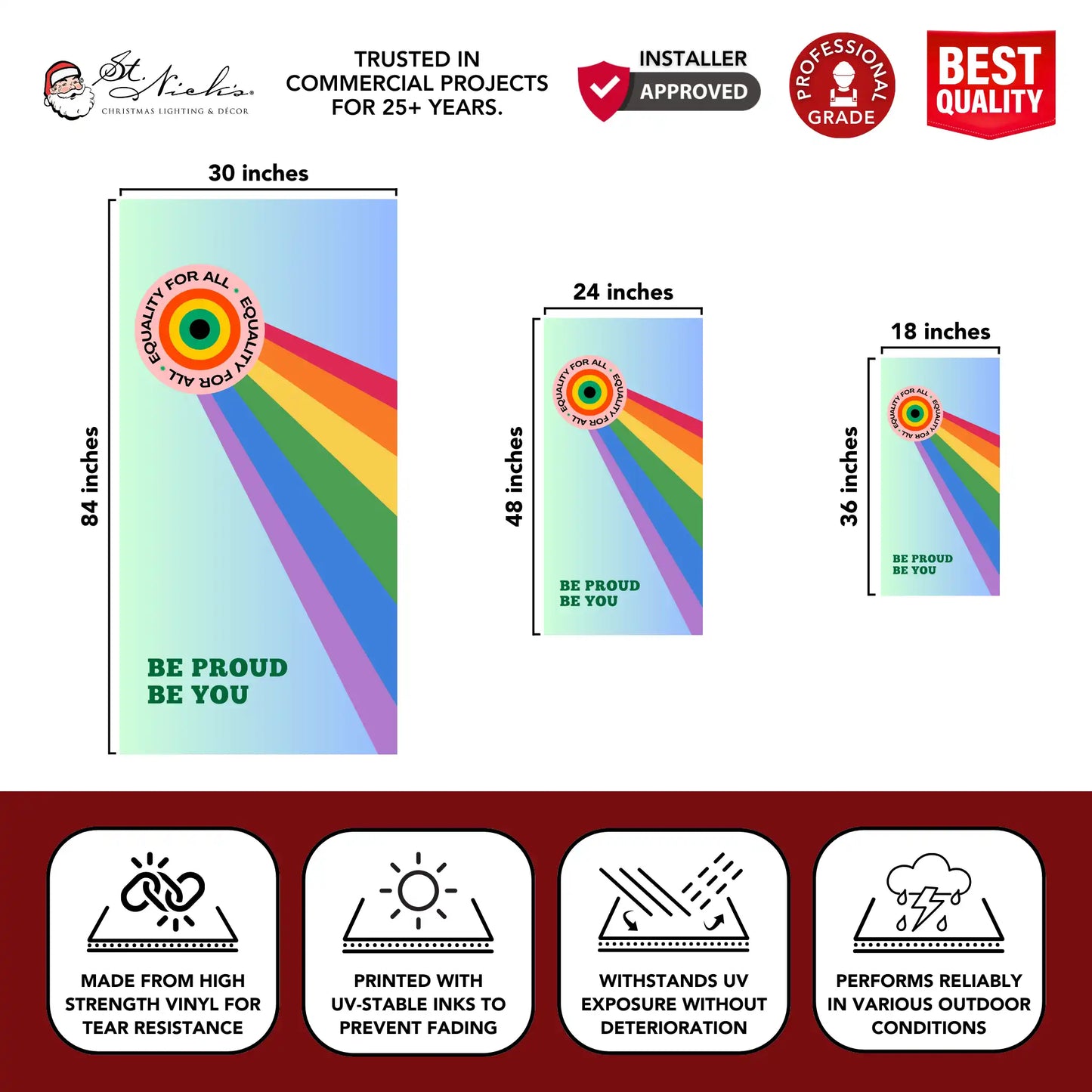 Be Proud Be You Pride Month pole banner with size dimensions and professional-grade vinyl construction