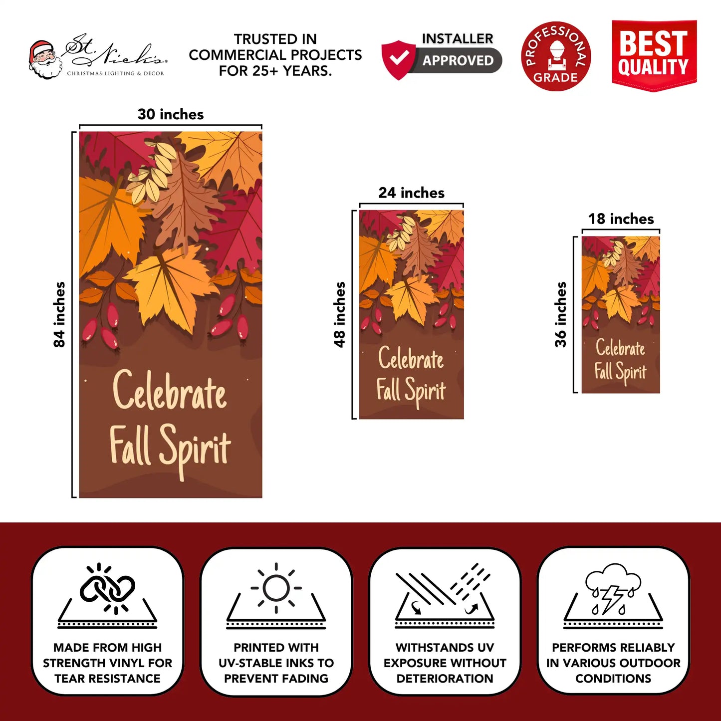 Celebrate Fall Spirit fall pole banner with size dimensions and durable vinyl construction