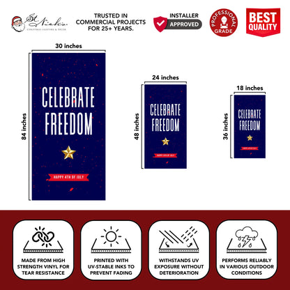 Celebrate Freedom 4th of July pole banner with size dimensions and durable vinyl construction