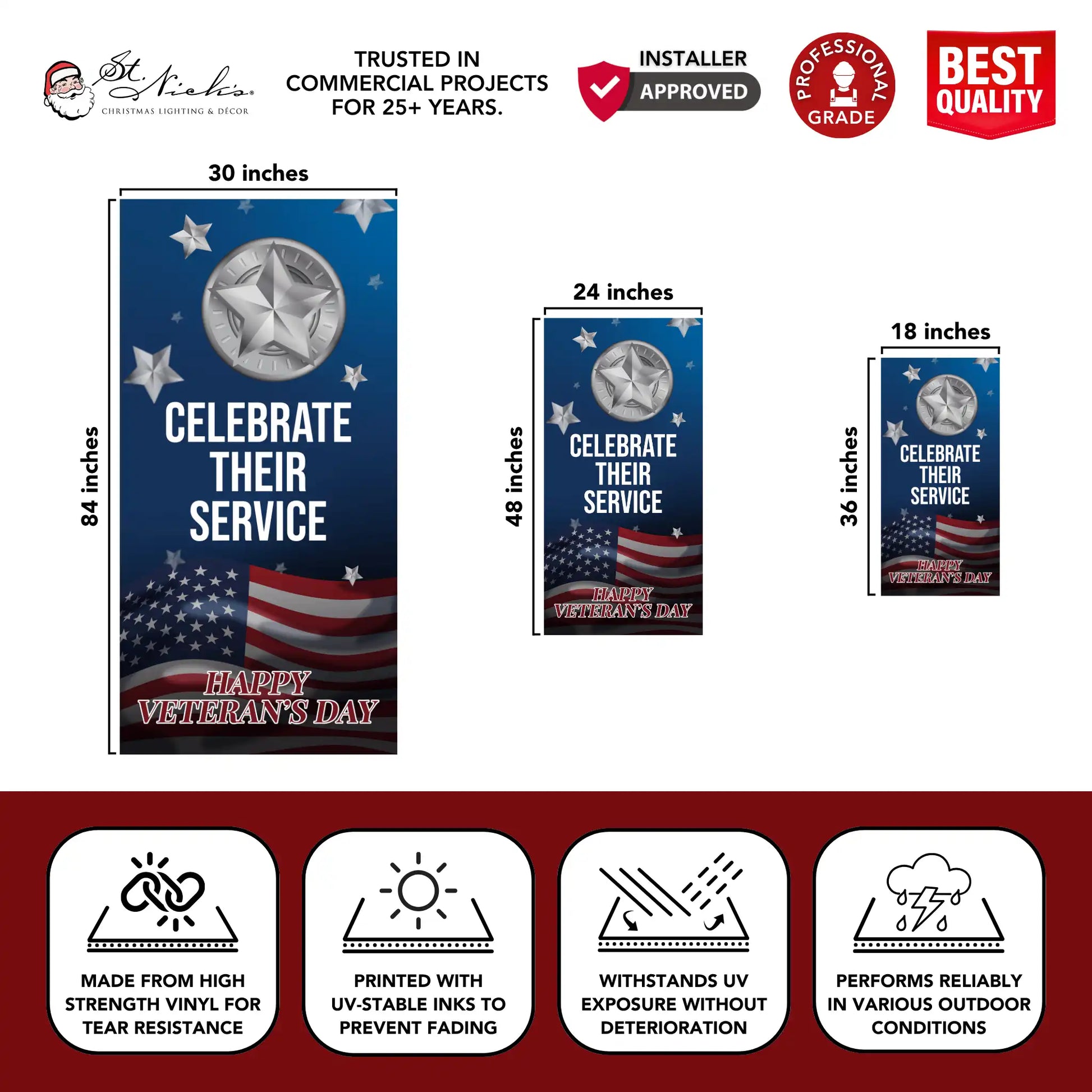 Celebrate Their Service blue banner size guide highlighting durable outdoor vinyl construction