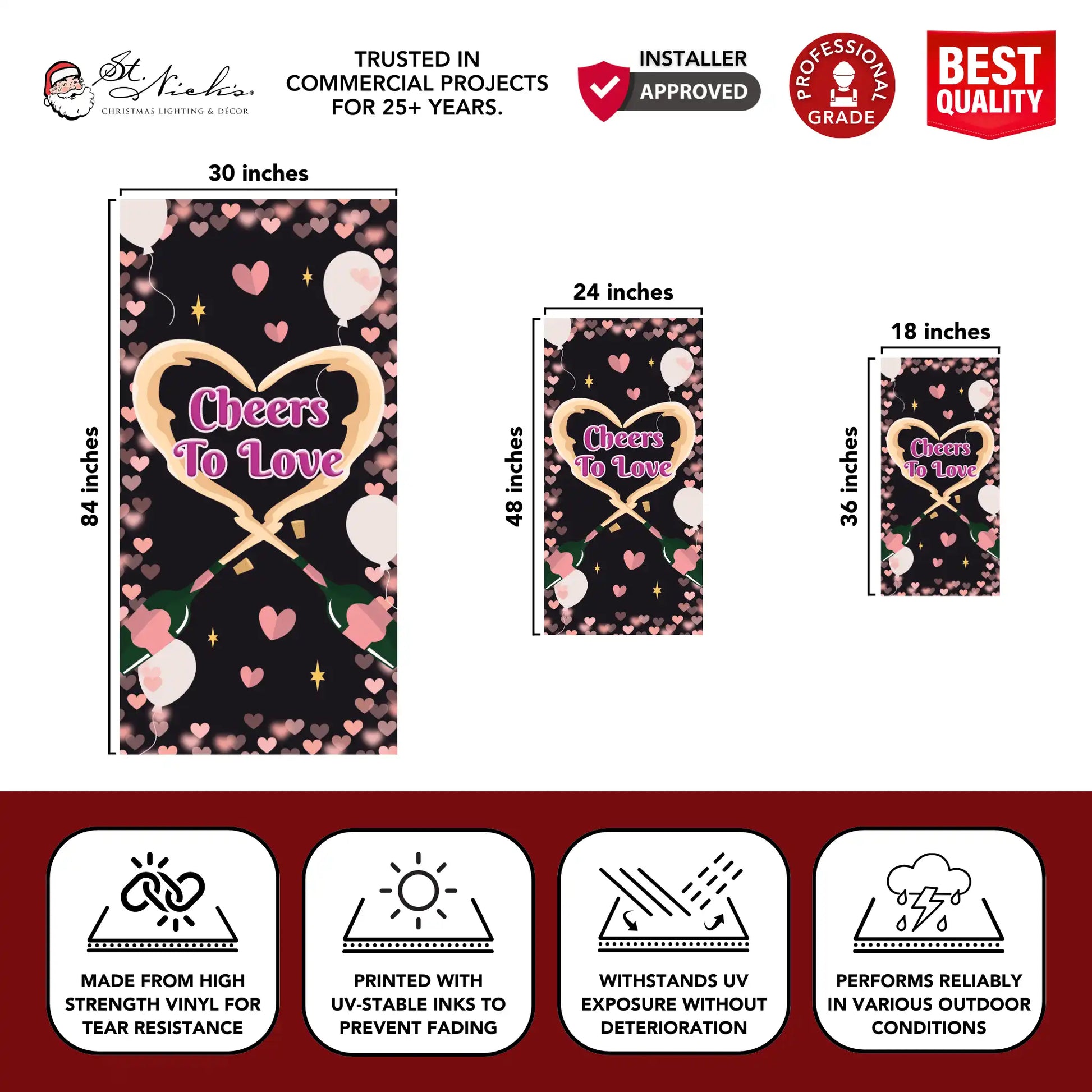 Cheers To Love Valentine pole banner with size dimensions and durable vinyl construction