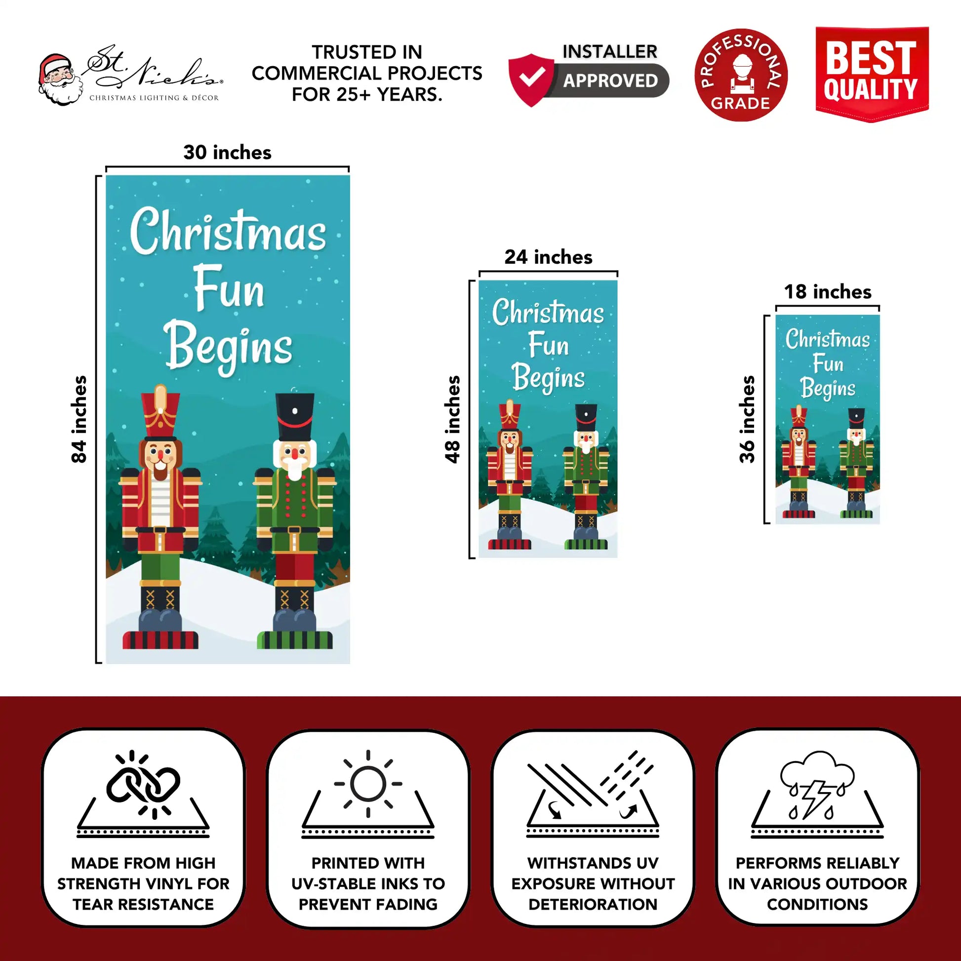 Christmas Fun Begins Christmas pole banner with size dimensions and durable vinyl construction