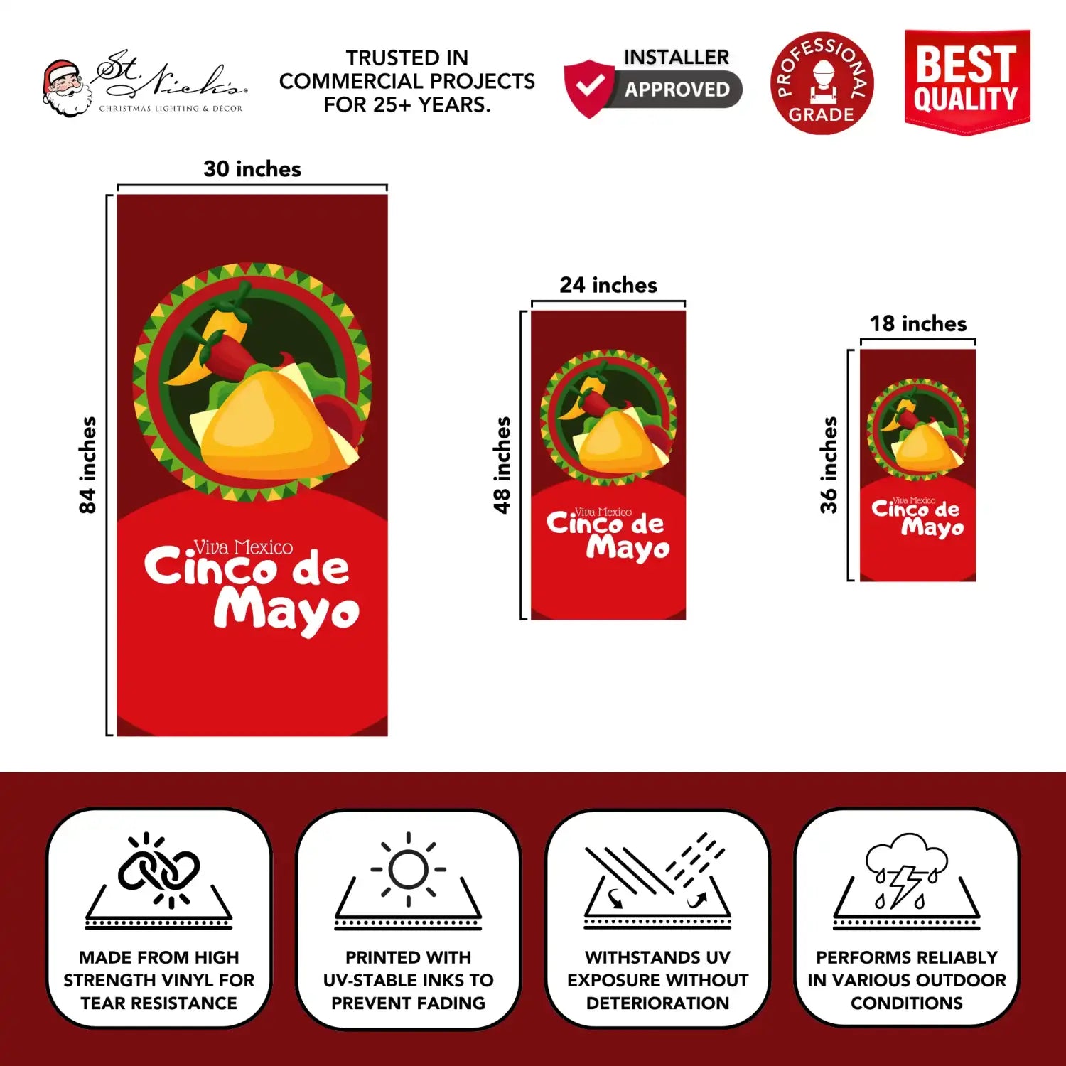 Cinco de Mayo fiesta instruments pole banner with size dimensions and durable, professional-grade vinyl construction