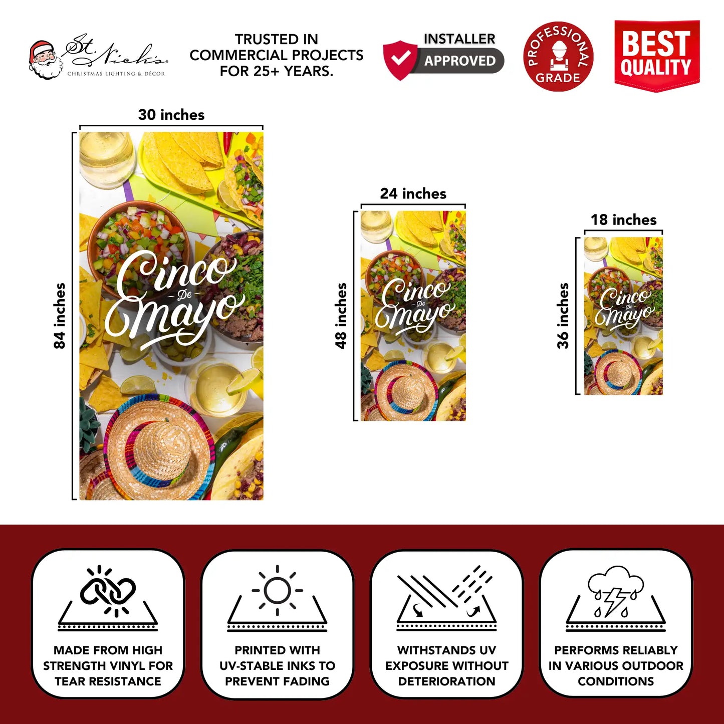 Cinco de Mayo food-themed pole banner with size dimensions and durable commercial-grade vinyl construction