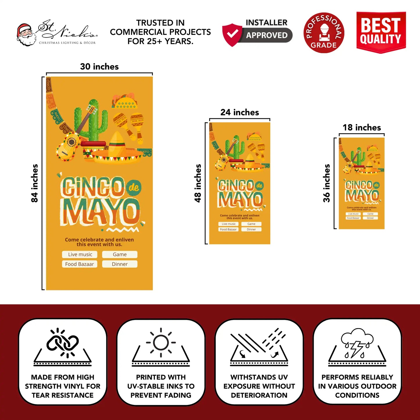 Cinco de Mayo illustrated pole banner with size dimensions and professional-grade vinyl construction
