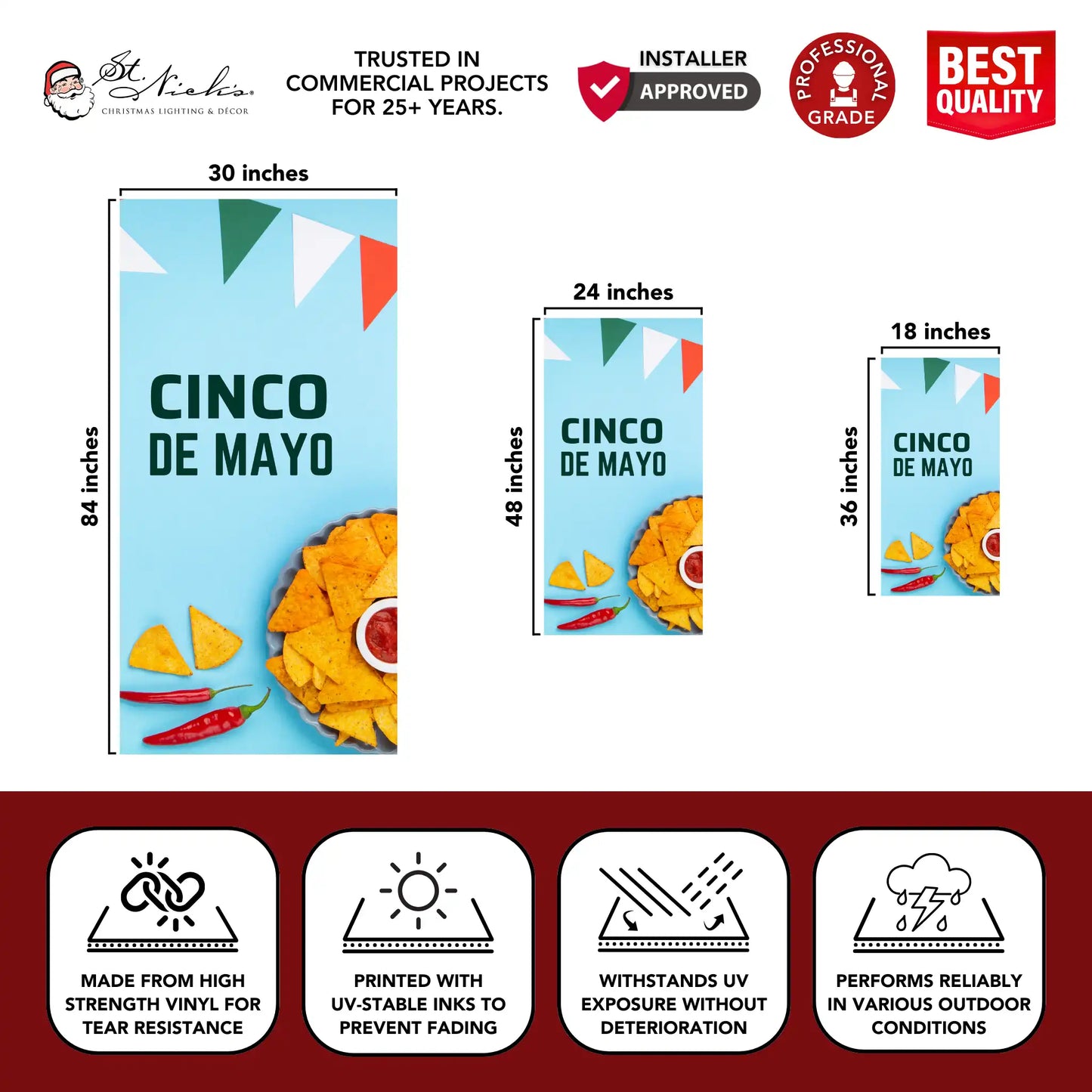 Cinco de Mayo pole banner with tortilla chip artwork showing size dimensions and professional-grade vinyl construction
