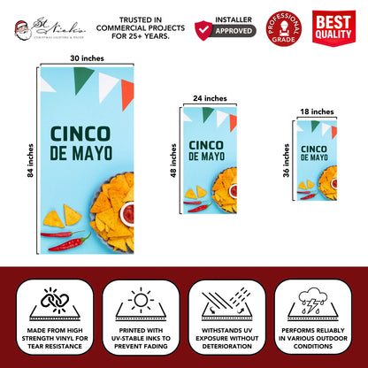 Cinco de Mayo pole banner with tortilla chip artwork showing size dimensions and professional-grade vinyl construction