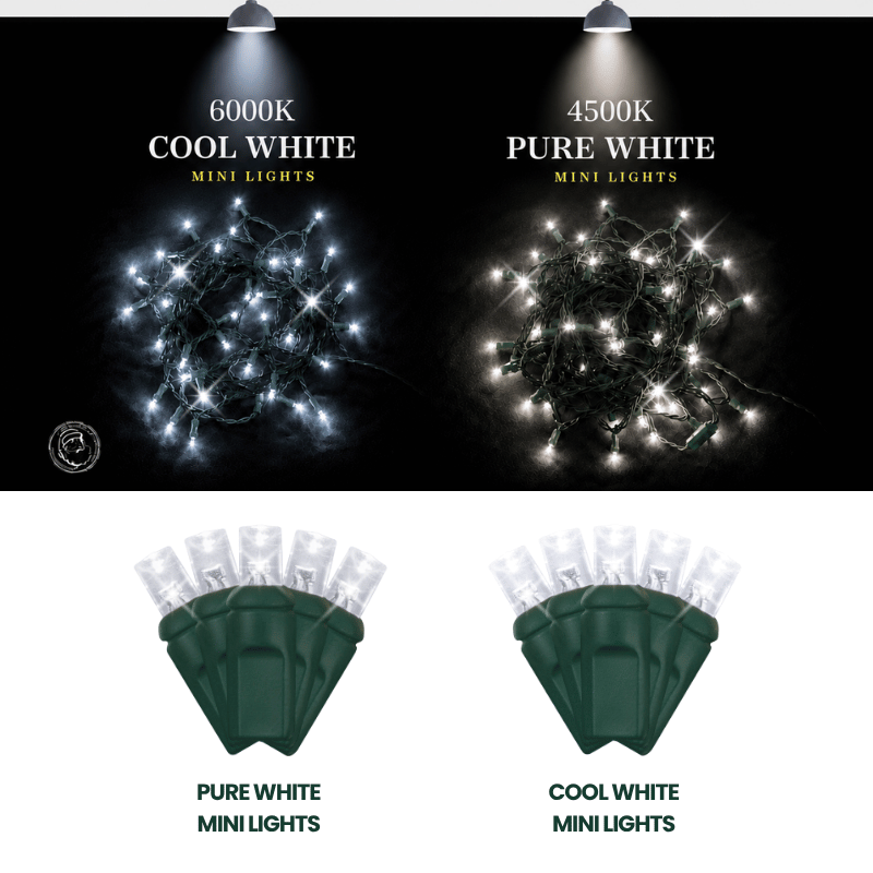 Product comparison graphic showing 6000K cool white and 4500K pure white commercial LED mini light color temperatures.