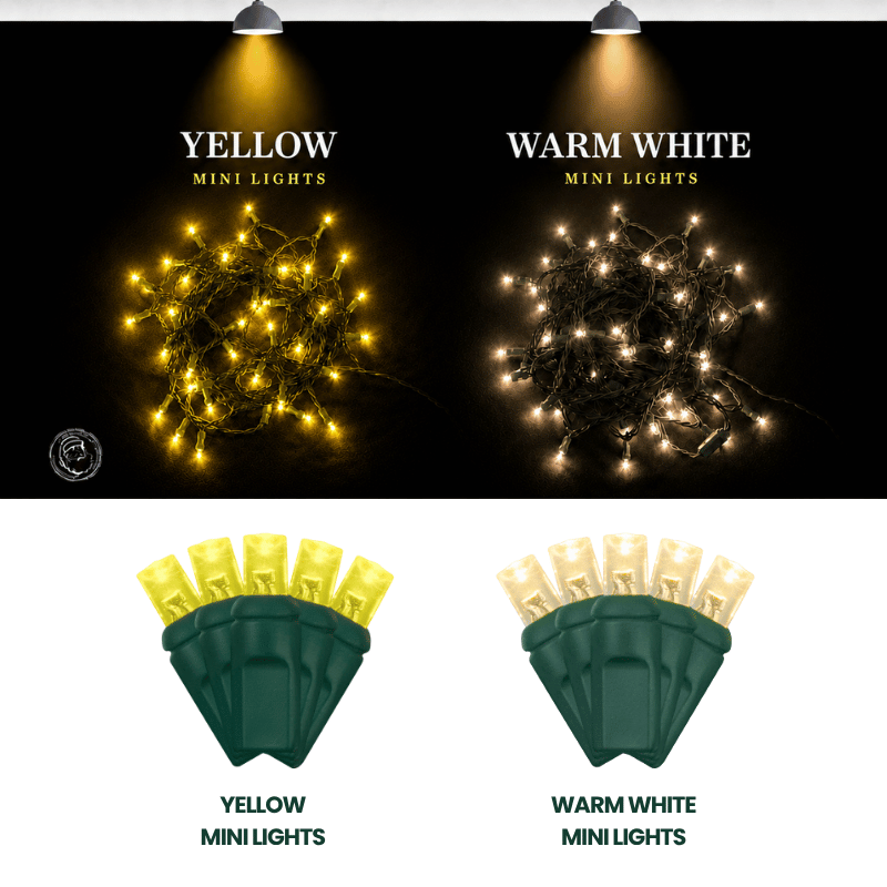 Side-by-side graphic compares glowing yellow and warm white LED mini light strands with matching bulb views.