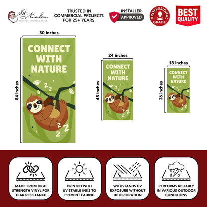 Connect With Nature green banner size guide highlighting durable UV-resistant vinyl construction