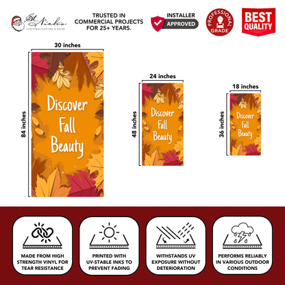 Discover Fall Beauty fall pole banner with size dimensions and durable vinyl construction
