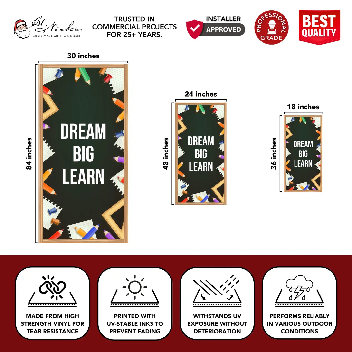 Dream Big Learn school pole banner with size dimensions and durable vinyl construction