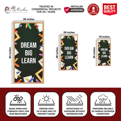 Dream Big Learn school pole banner with size dimensions and durable vinyl construction
