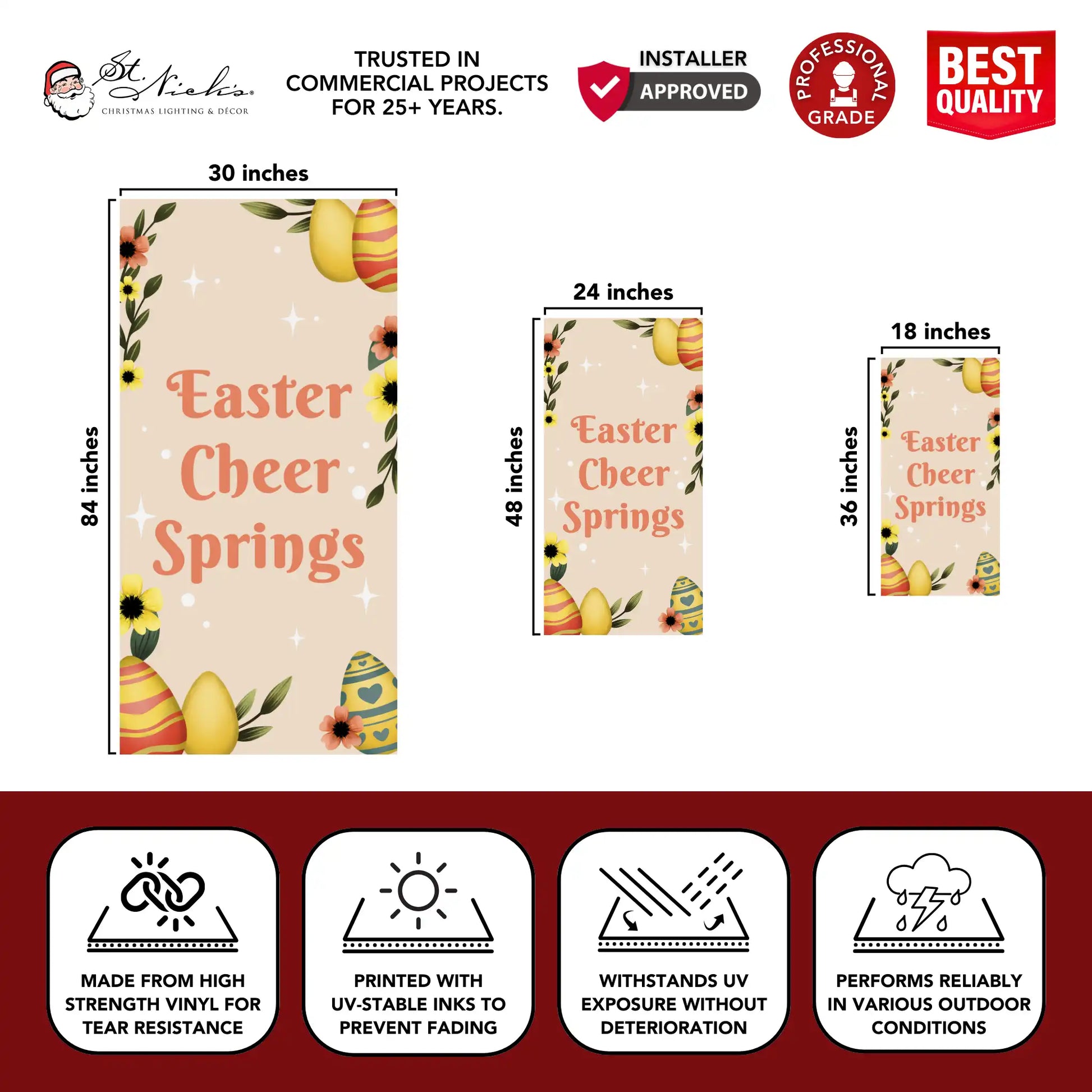 Easter Cheer Springs Easter pole banner with size dimensions and durable vinyl construction