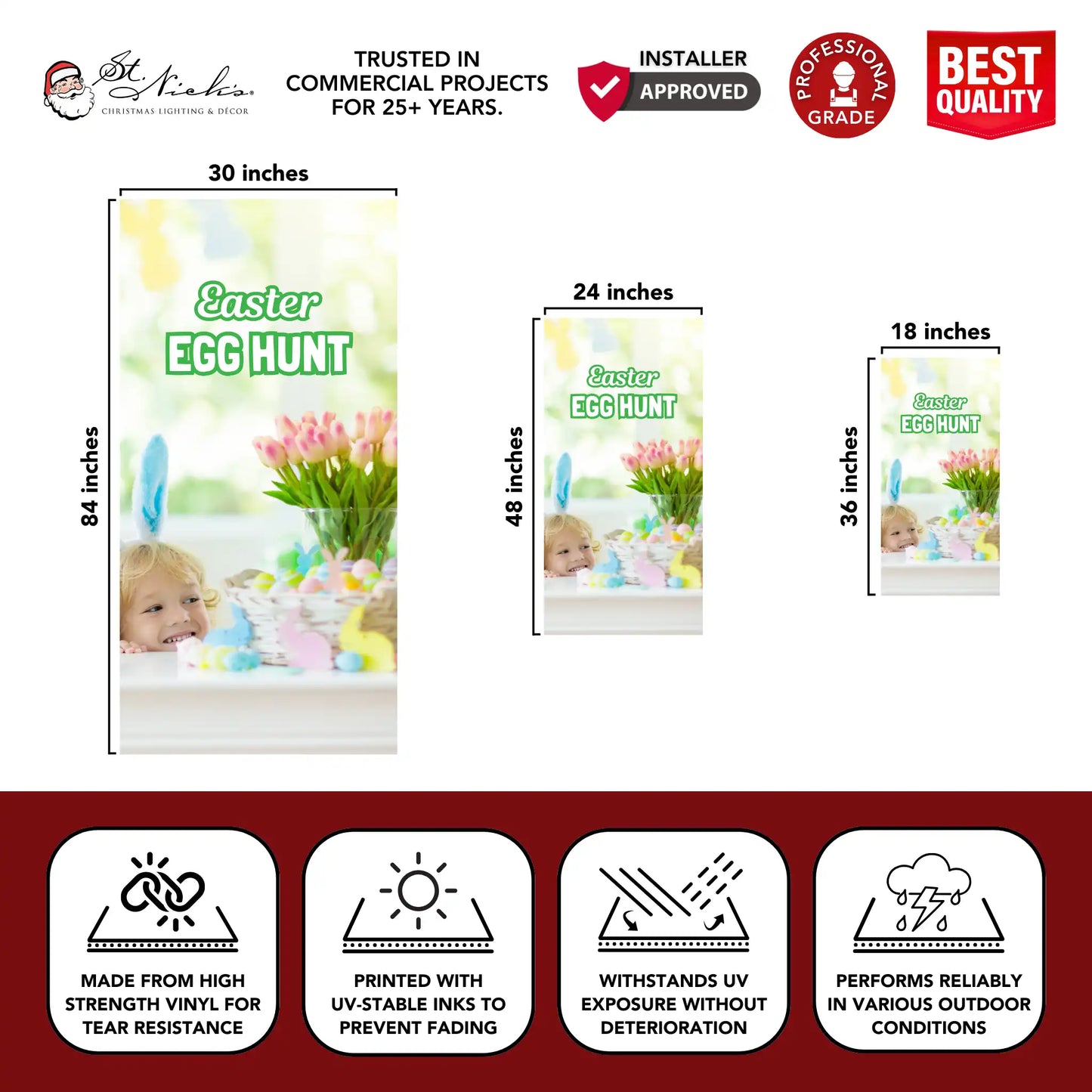 Easter Egg Hunt pole banner with size dimensions and durable vinyl construction