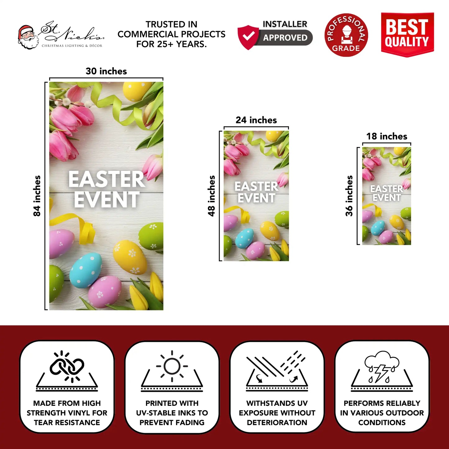 Easter Super Sale pole banner with size dimensions and durable vinyl construction