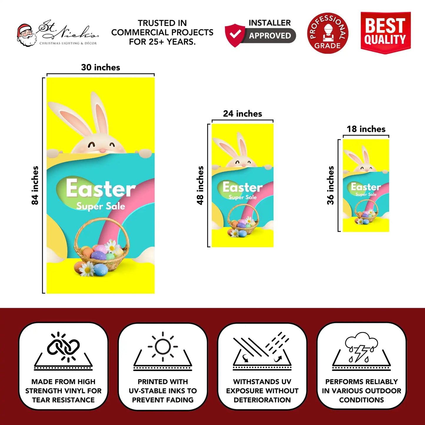 Easter Super Sale pole banner with size dimensions and durable vinyl construction