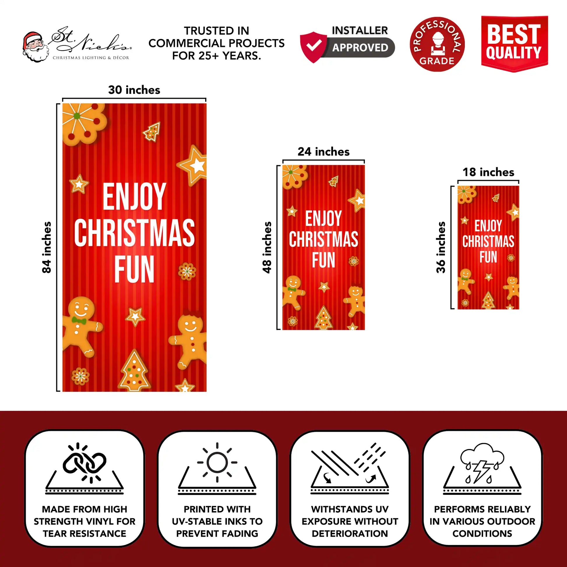Enjoy Christmas Fun Christmas pole banner with size dimensions and durable vinyl construction