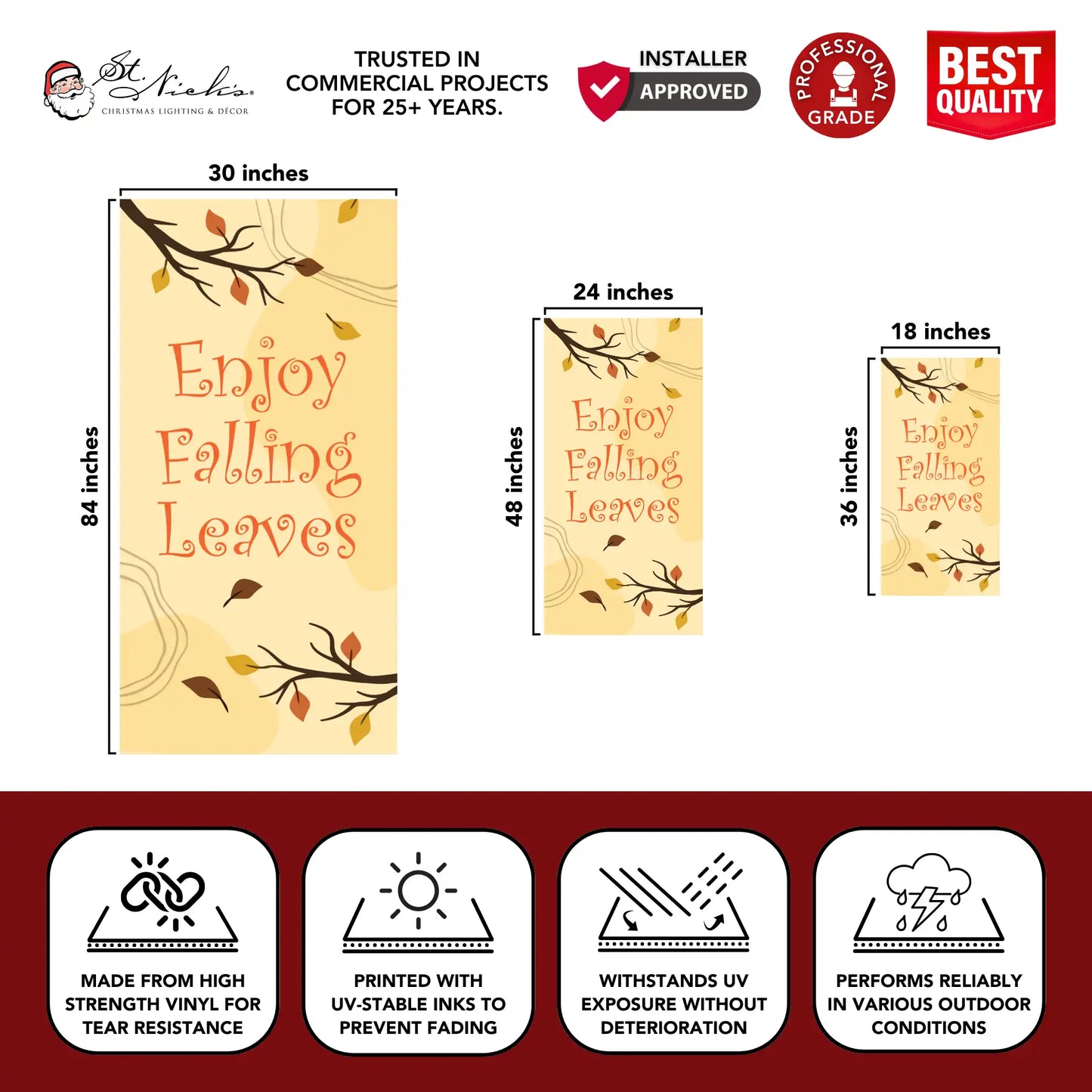 Enjoy Falling Leaves fall pole banner with size dimensions and durable vinyl construction