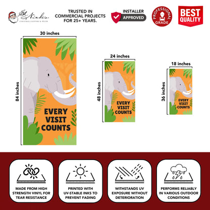 Every Visit Counts elephant pole banner size chart with width and height measurements