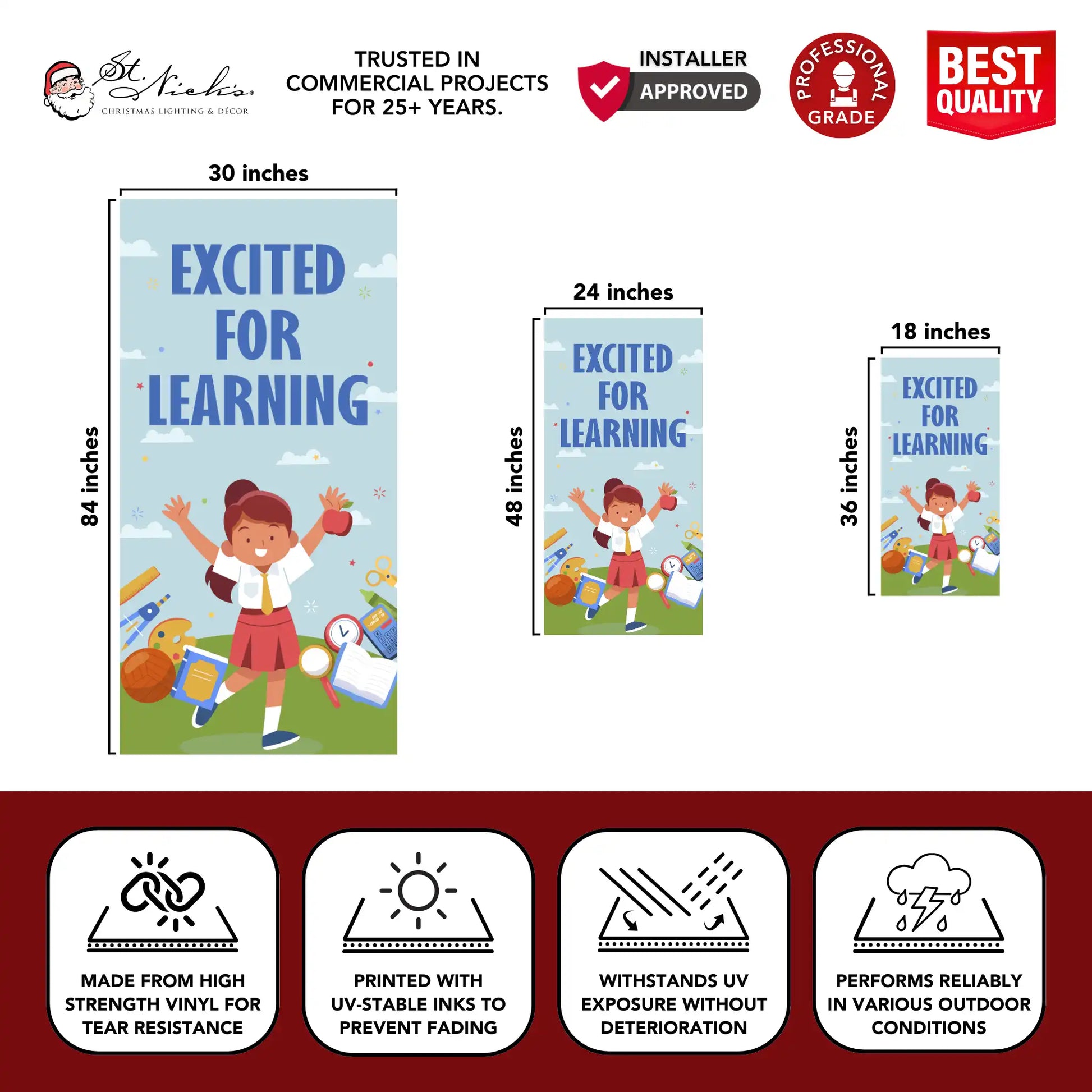 Excited for Learning school pole banner with size dimensions and durable vinyl construction