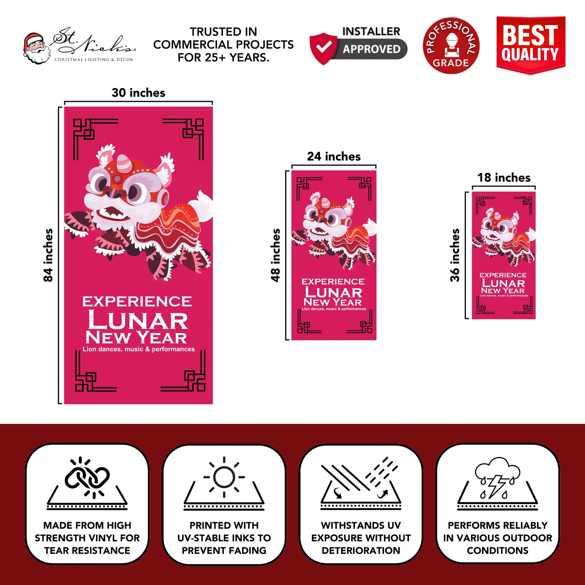 Experience Lunar New Year lion dance pole banner displaying size dimensions and professional-grade vinyl construction