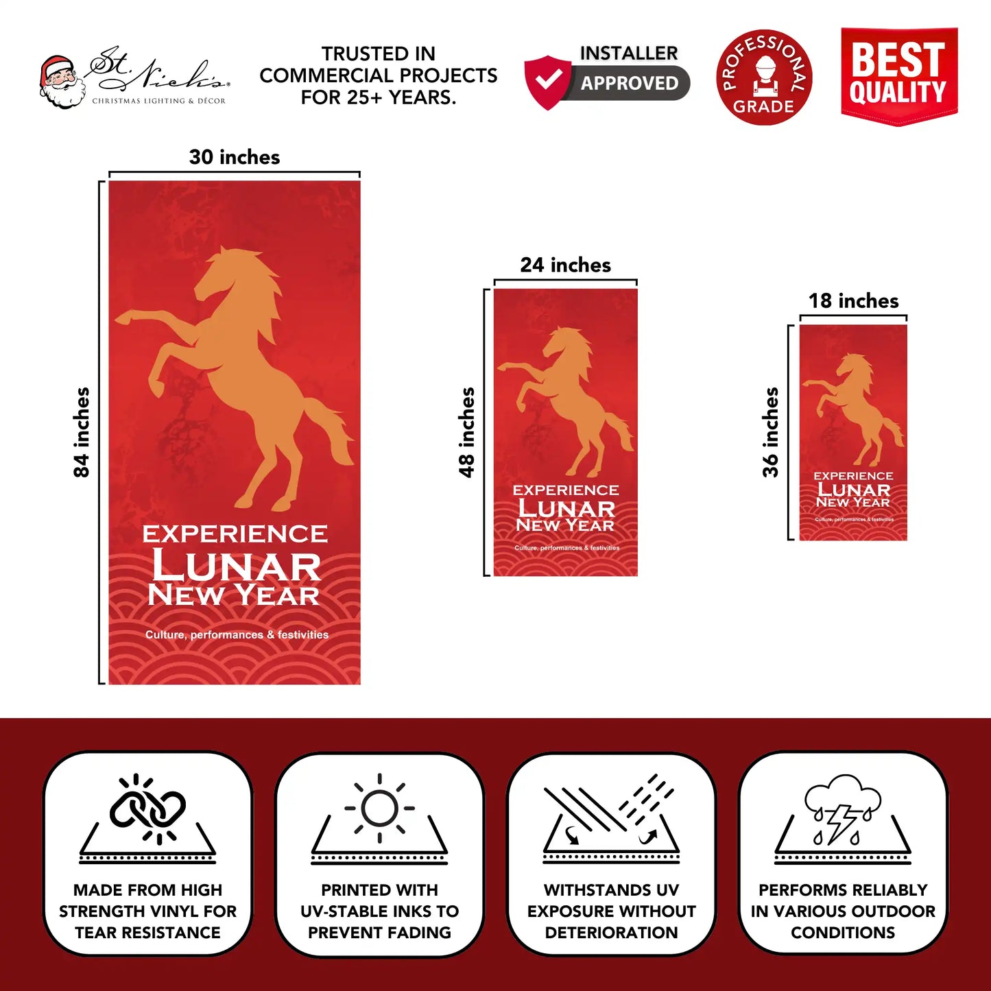Experience Lunar New Year Year of the Horse pole banner displaying size dimensions and durable professional-grade vinyl construction