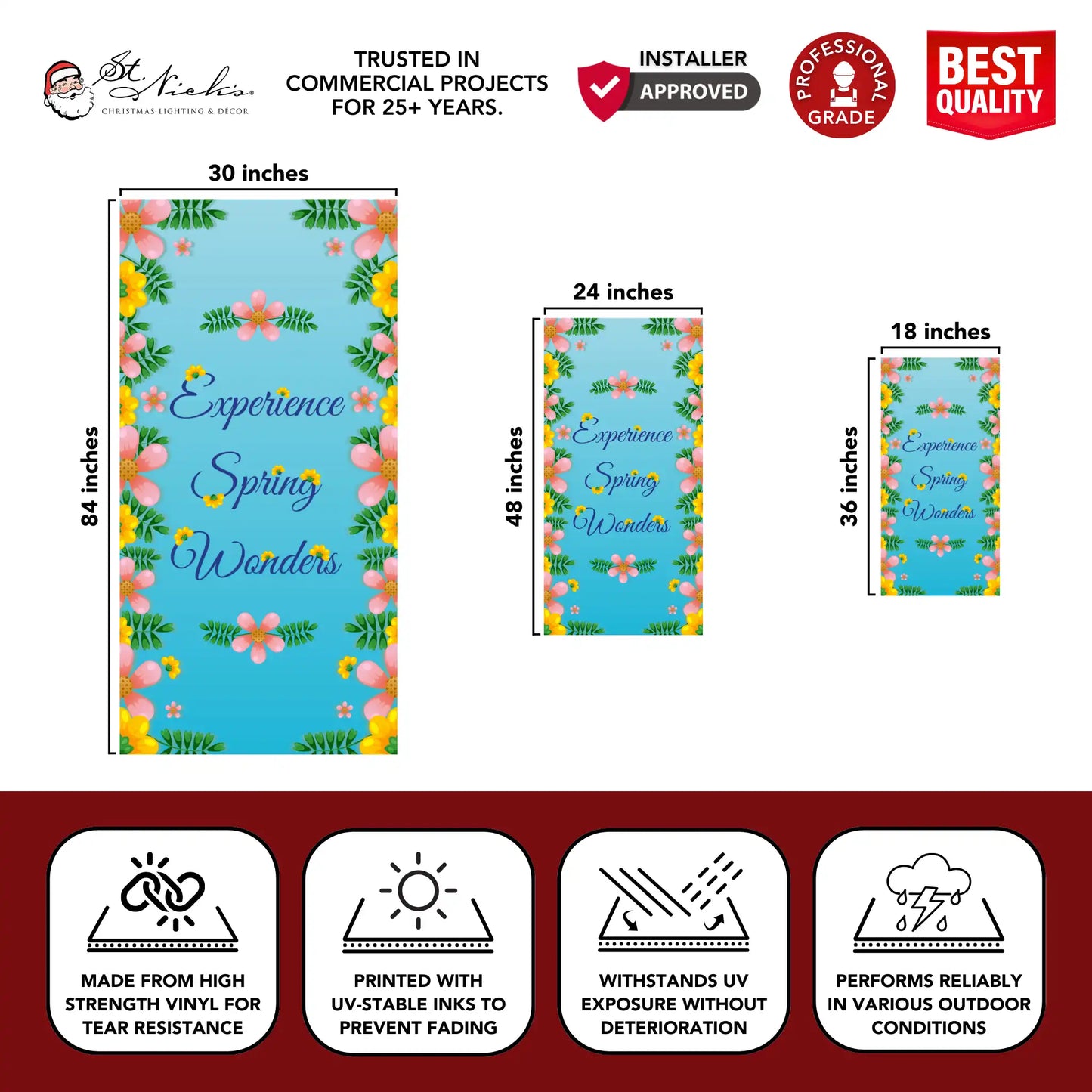 Experience Spring Wonders spring pole banner with size dimensions and durable vinyl construction