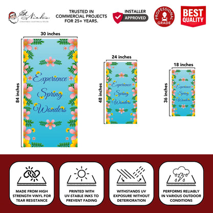 Experience Spring Wonders spring pole banner with size dimensions and durable vinyl construction