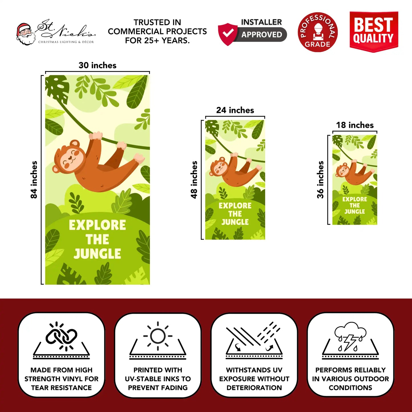 Explore the Jungle green banner size guide highlighting durable vinyl and UV-resistant printing