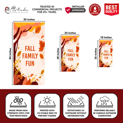 Fall Family Fun fall pole banner with size dimensions and durable vinyl construction