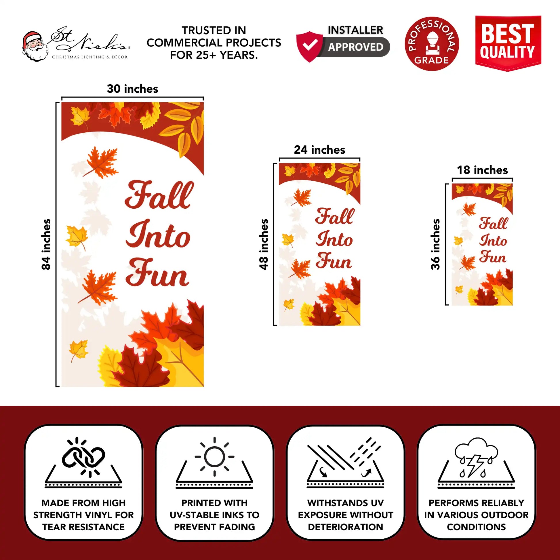 Fall Into Fun autumn pole banner with size dimensions and durable vinyl construction