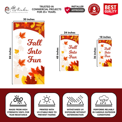Fall Into Fun autumn pole banner with size dimensions and durable vinyl construction
