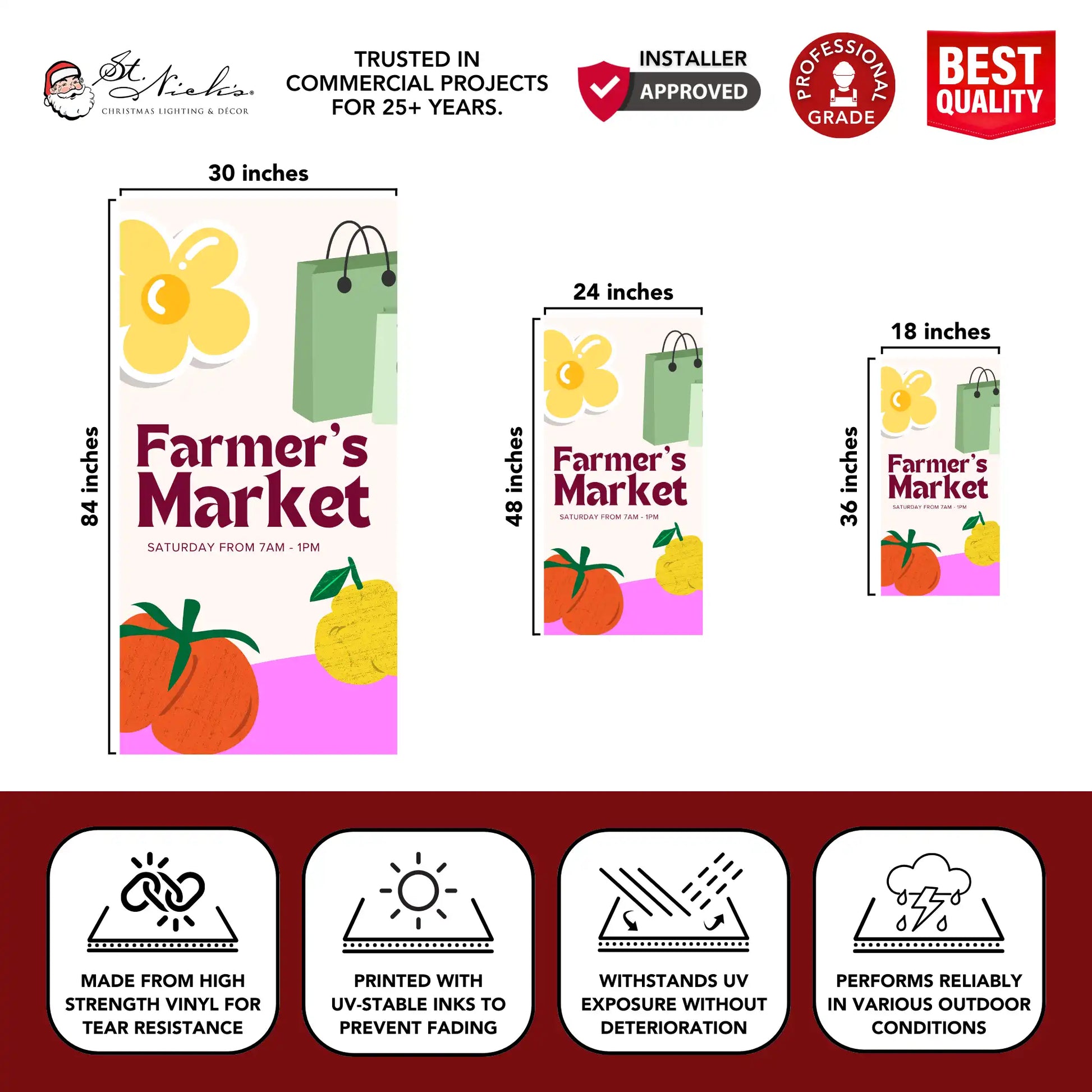 Farmer’s Market cream pole banner with size dimensions and professional-grade vinyl construction