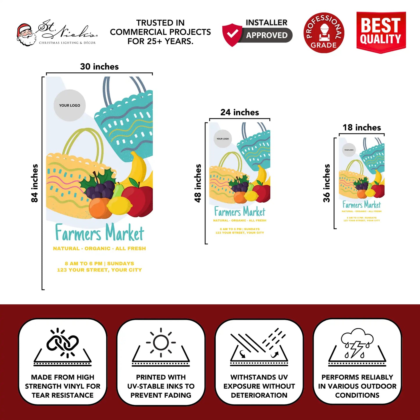 Farmers Market grocery bag pole banner with size dimensions and professional-grade vinyl construction